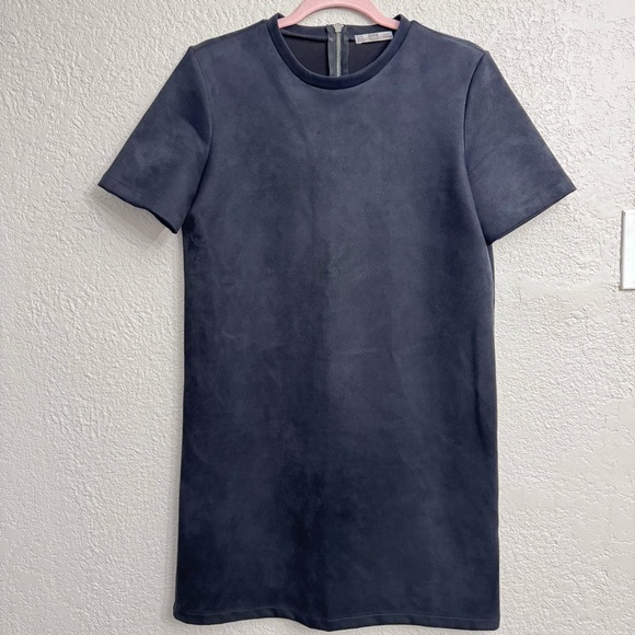 Zara Collection Basic Faux Suede Black/Charcoal Mid-Length Zip-Up Dress - Size M - Picture 1 of 5